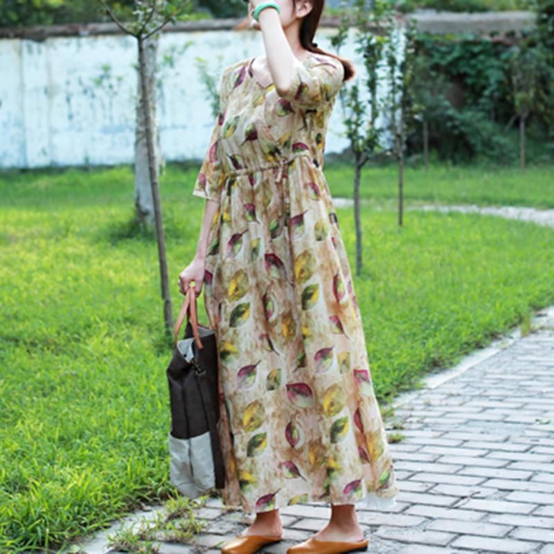 Lente-jurk Met Lange Mouwen Ramee-print Met Bloemenprint