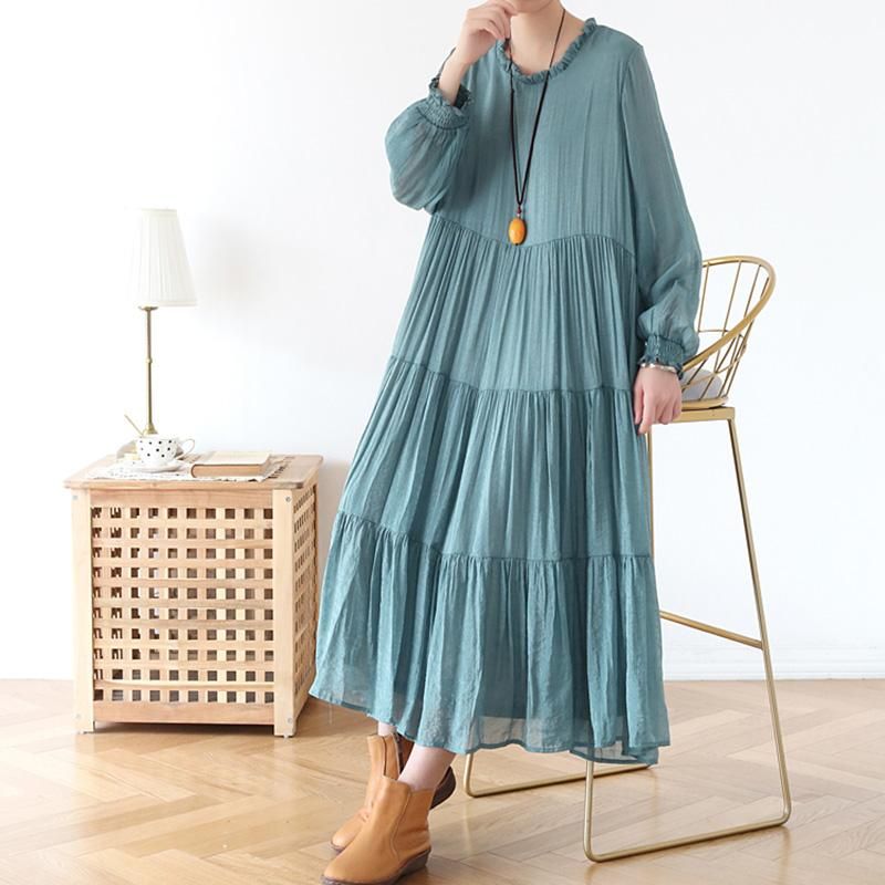 Lente Losse Casual Chiffon Jurk Met Lange Mouwen Groen