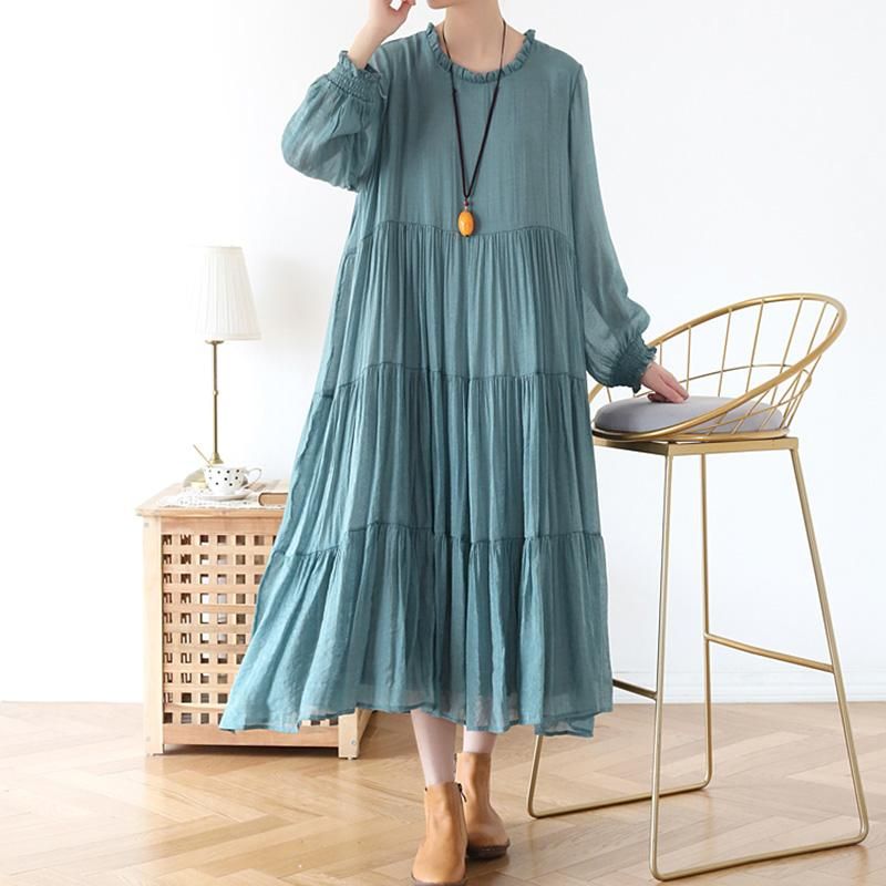 Lente Losse Casual Chiffon Jurk Met Lange Mouwen Groen