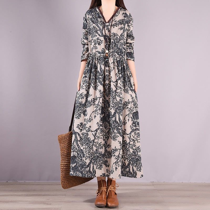 Lente Retro Print Losse Casual Lange Mouwen Katoenen Linnen Jurk