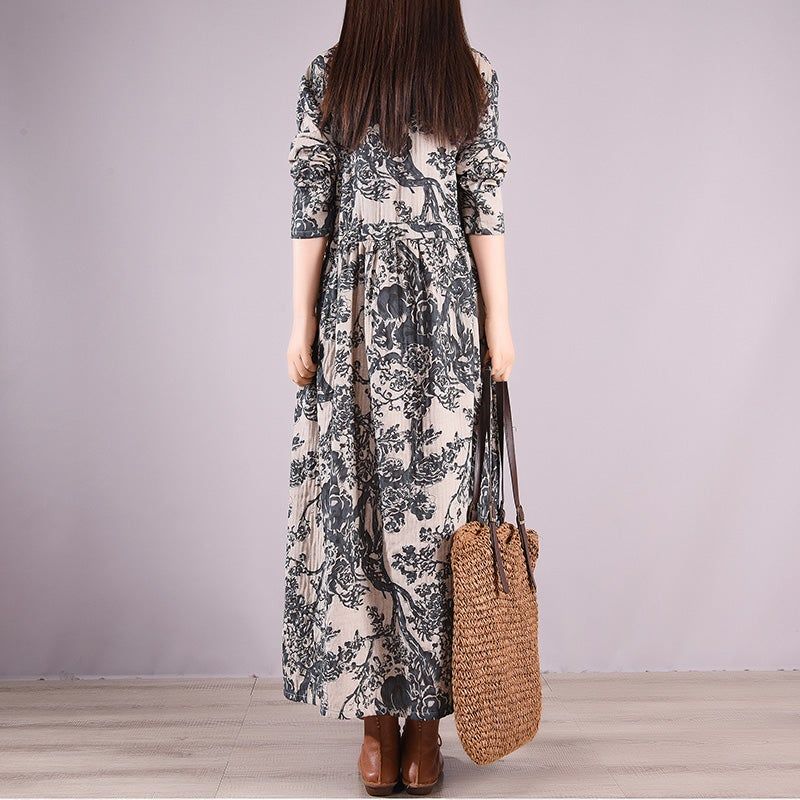 Lente Retro Print Losse Casual Lange Mouwen Katoenen Linnen Jurk