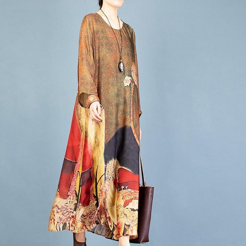 Lente Retro Print Tweedelige Dames Lange Jurk