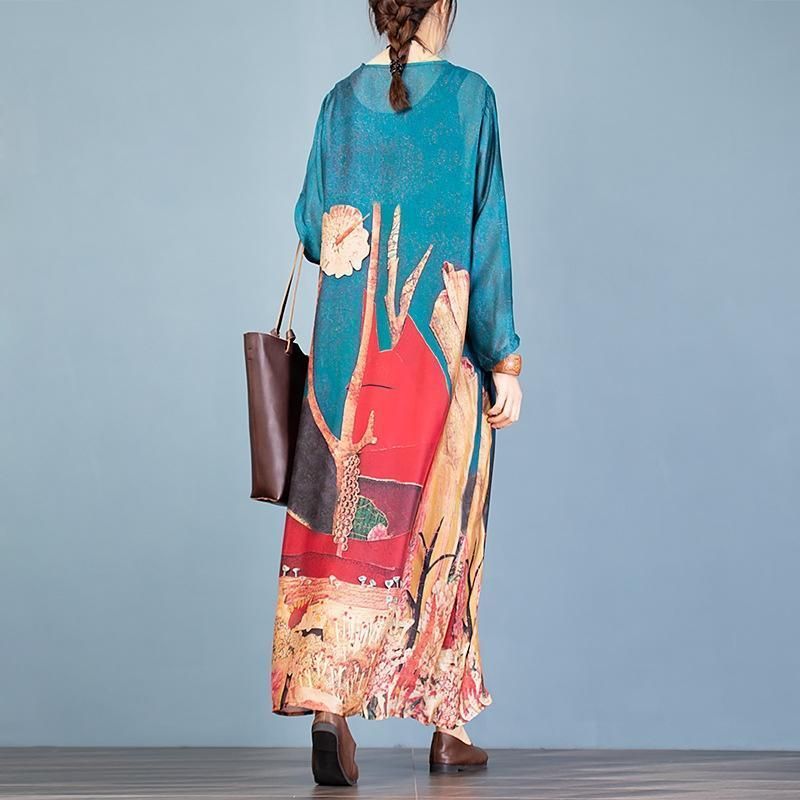 Lente Retro Print Tweedelige Dames Lange Jurk