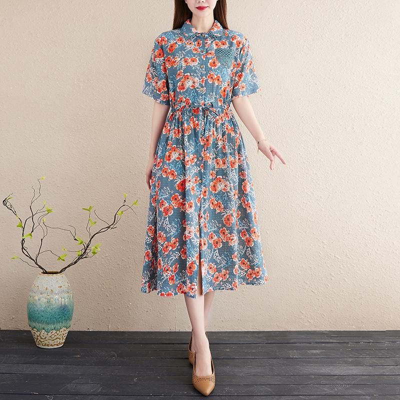 Lente Zomer Bloemen Plus Size Katoenen Linnen Jurk