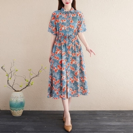 Lente Zomer Bloemen Plus Size Katoenen Linnen Jurk