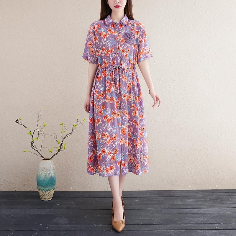 Lente Zomer Bloemen Plus Size Katoenen Linnen Jurk