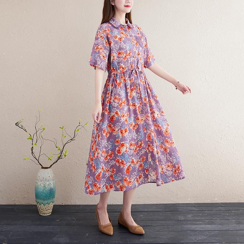 Lente Zomer Bloemen Plus Size Katoenen Linnen Jurk