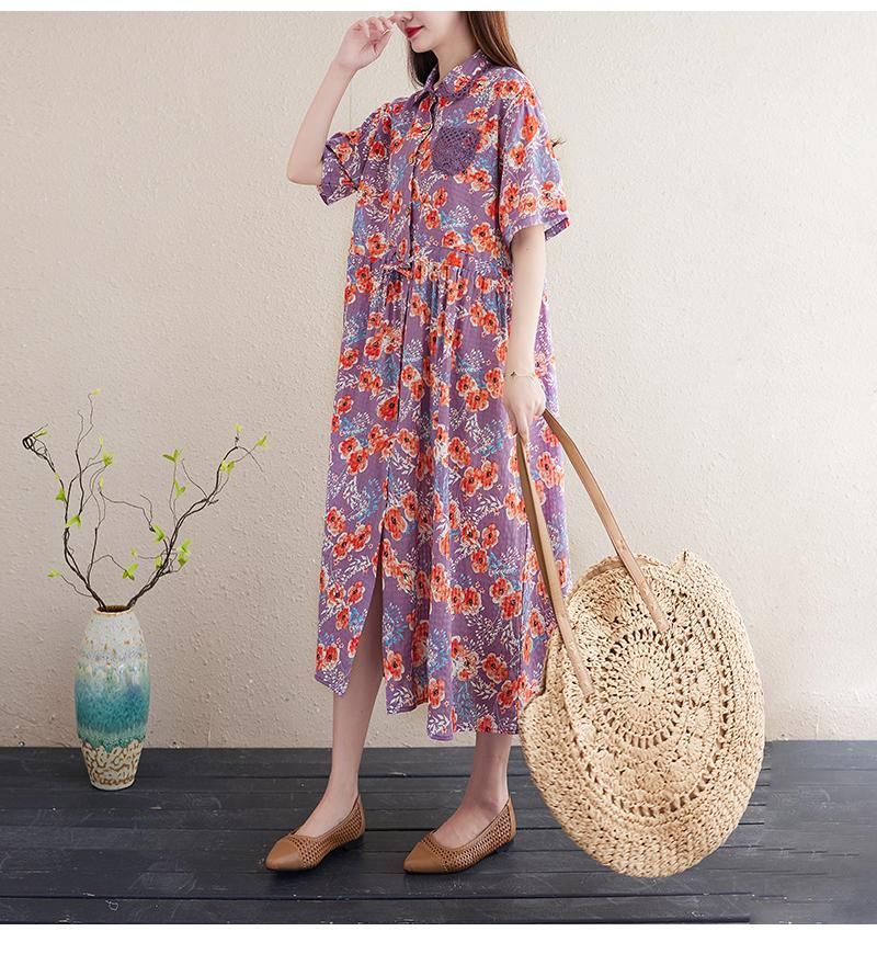 Lente Zomer Bloemen Plus Size Katoenen Linnen Jurk