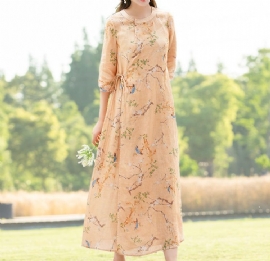 Lente Zomer Retro Losse Linnen Bloemen Jurk