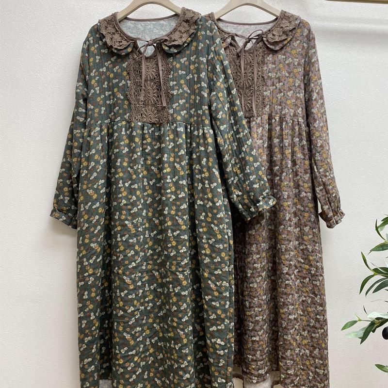 Losse Herfst Bloemen Katoenen Linnen Jurk Plus Size