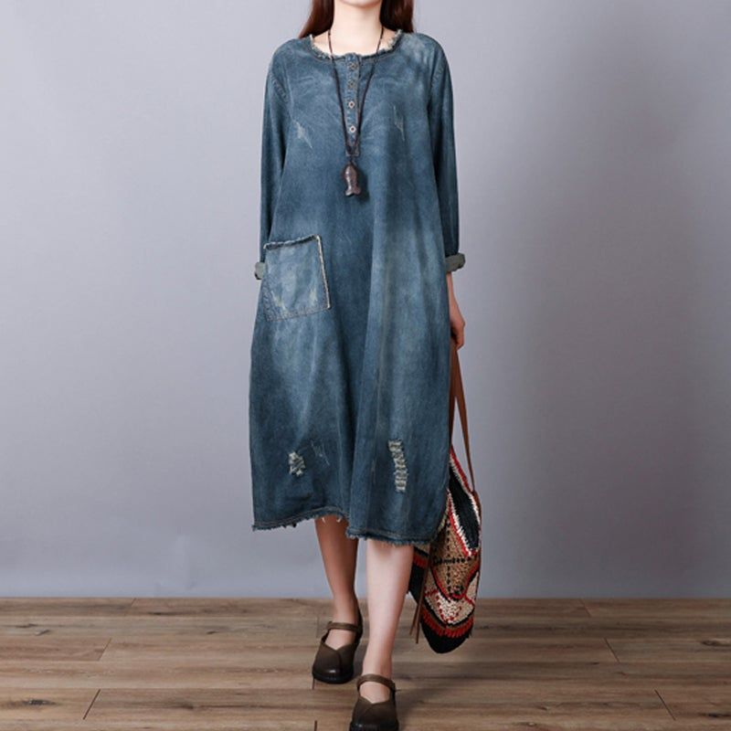 Losse Retro Katoenen Denim Gescheurde Midi-jurk