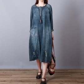 Losse Retro Katoenen Denim Gescheurde Midi-jurk