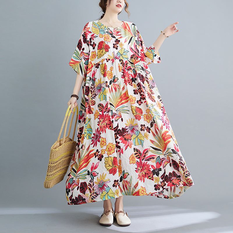 Plus Maat Lente Zomer Retro Bloemen Katoenen Jurk Met Korte Mouwen