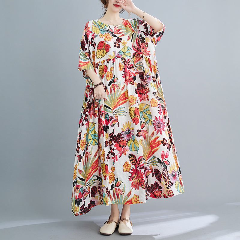 Plus Maat Lente Zomer Retro Bloemen Katoenen Jurk Met Korte Mouwen