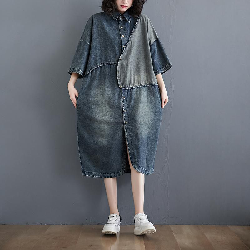 Plus-maat Retro Losse Denim Overhemdjurk Met Korte Mouwen