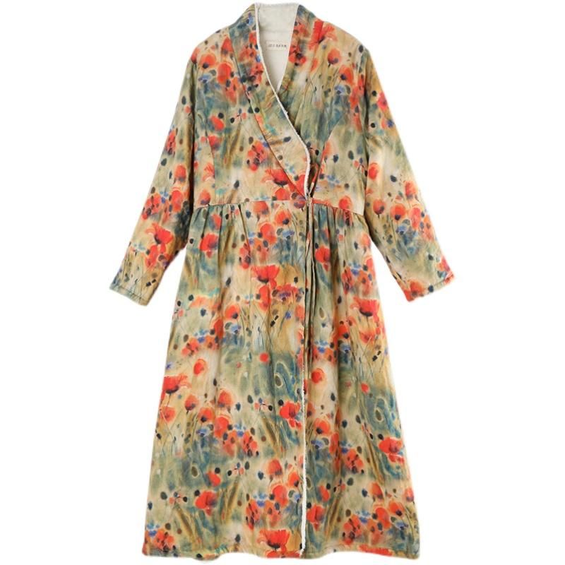 Plus Size Winter Dikke Bont Retro Bloemen Bedrukte Linnen Jurk