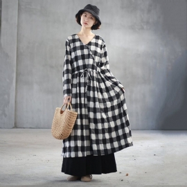 V-hals Gingham Linnen Swing Jurk