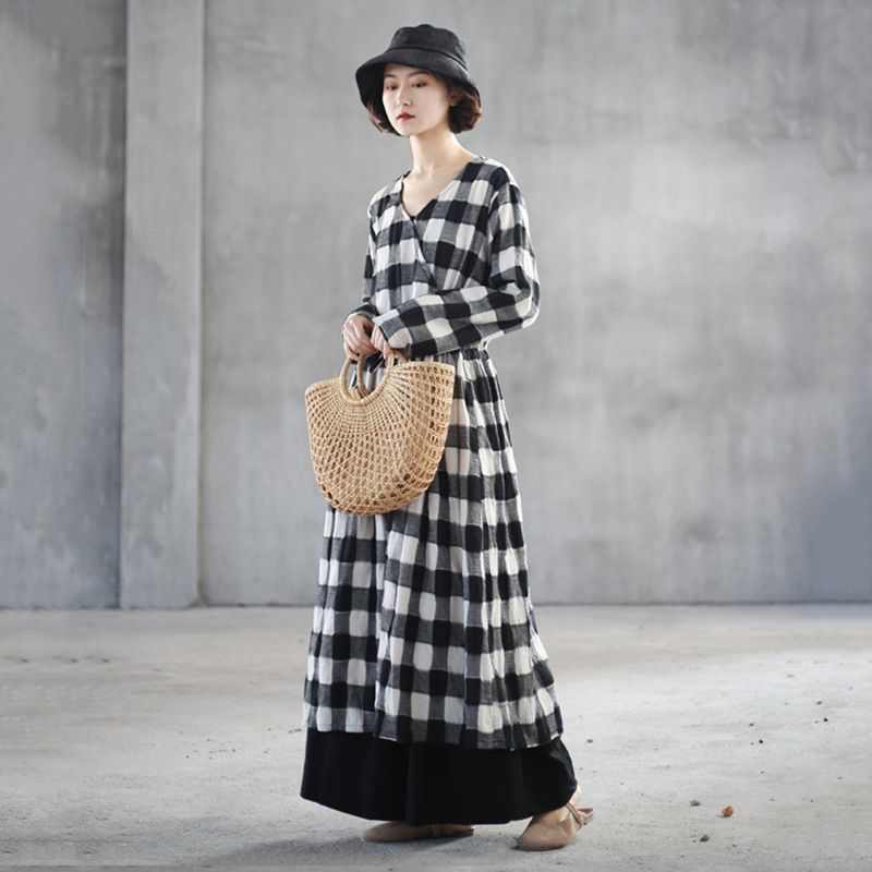 V-hals Gingham Linnen Swing Jurk