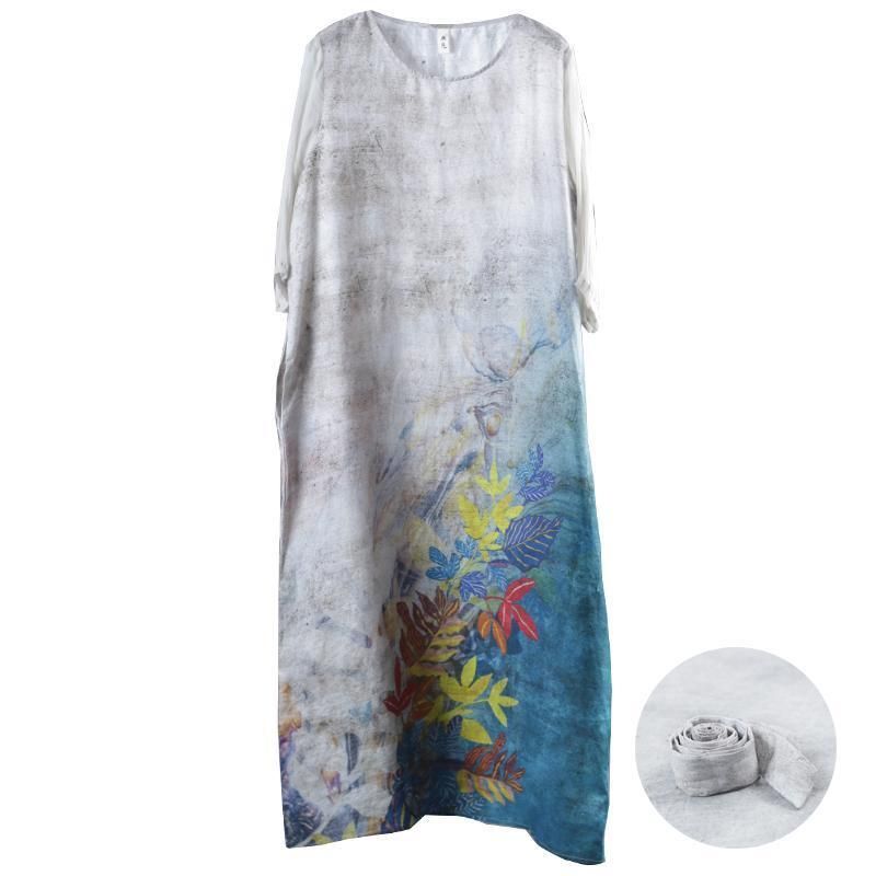 Vintage Casual Maxi Losse Jurk Met Bladprint En Riem