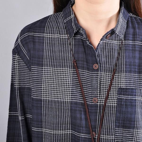 Vrouwen Plaid Lange Mouw Polo Kraag Blauwe Shirt Jurk