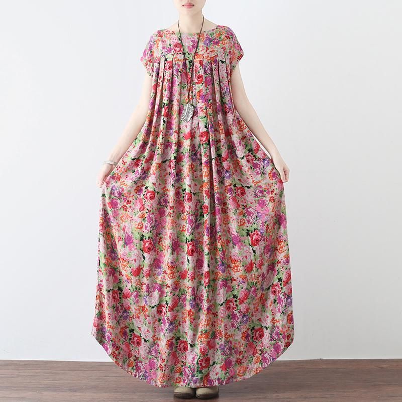 Vrouwen Retro Bloemen Verzameld Casual Linnen Maxi Jurk Met Korte Mouwen