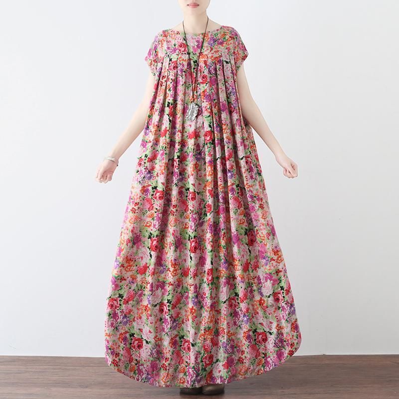 Vrouwen Retro Bloemen Verzameld Casual Linnen Maxi Jurk Met Korte Mouwen