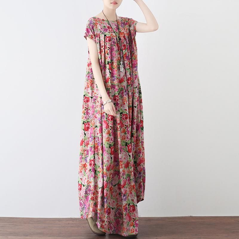 Vrouwen Retro Bloemen Verzameld Casual Linnen Maxi Jurk Met Korte Mouwen