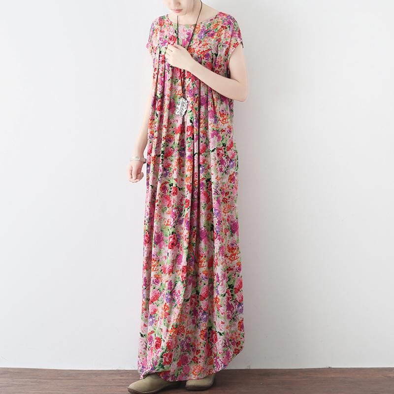 Vrouwen Retro Bloemen Verzameld Casual Linnen Maxi Jurk Met Korte Mouwen