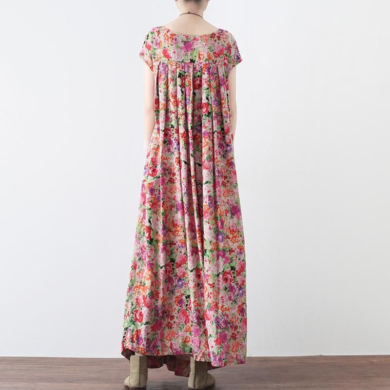 Vrouwen Retro Bloemen Verzameld Casual Linnen Maxi Jurk Met Korte Mouwen