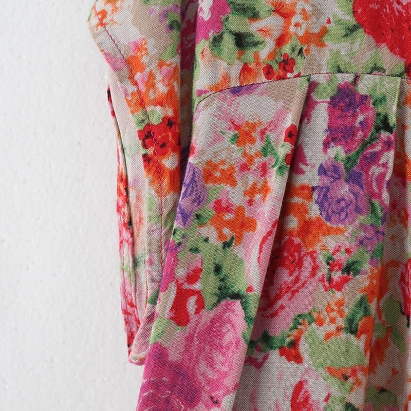 Vrouwen Retro Bloemen Verzameld Casual Linnen Maxi Jurk Met Korte Mouwen