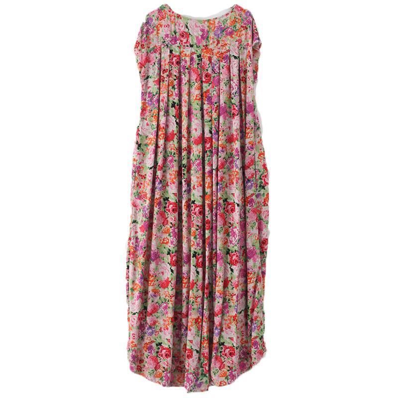 Vrouwen Retro Bloemen Verzameld Casual Linnen Maxi Jurk Met Korte Mouwen