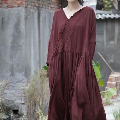 Vrouwen Verzameld Panelen Solid Surplice Casual Linnen Maxi Lange Mouw Jurk