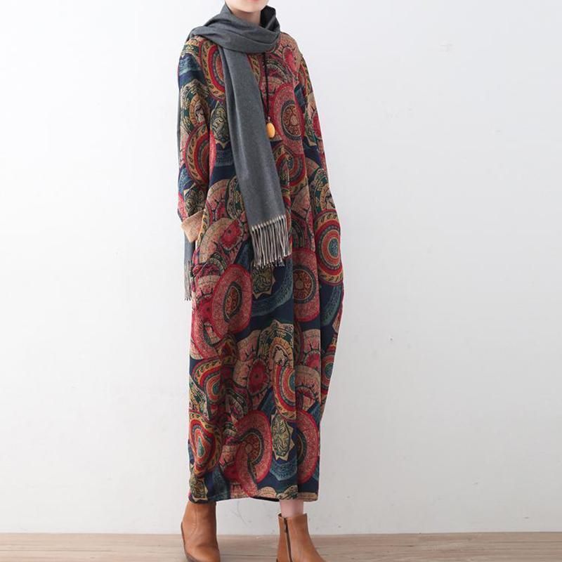 Winter Losse Vintage Print Dikke Trui Jurk