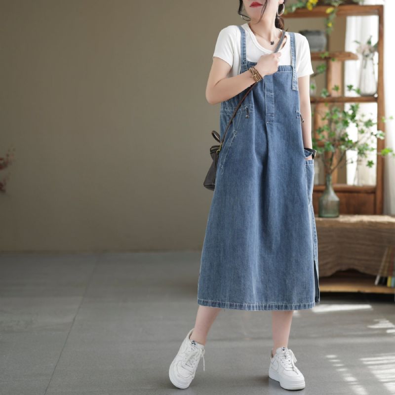 Zomer Casual Mouwloze Katoenen Denim Midi Jurk