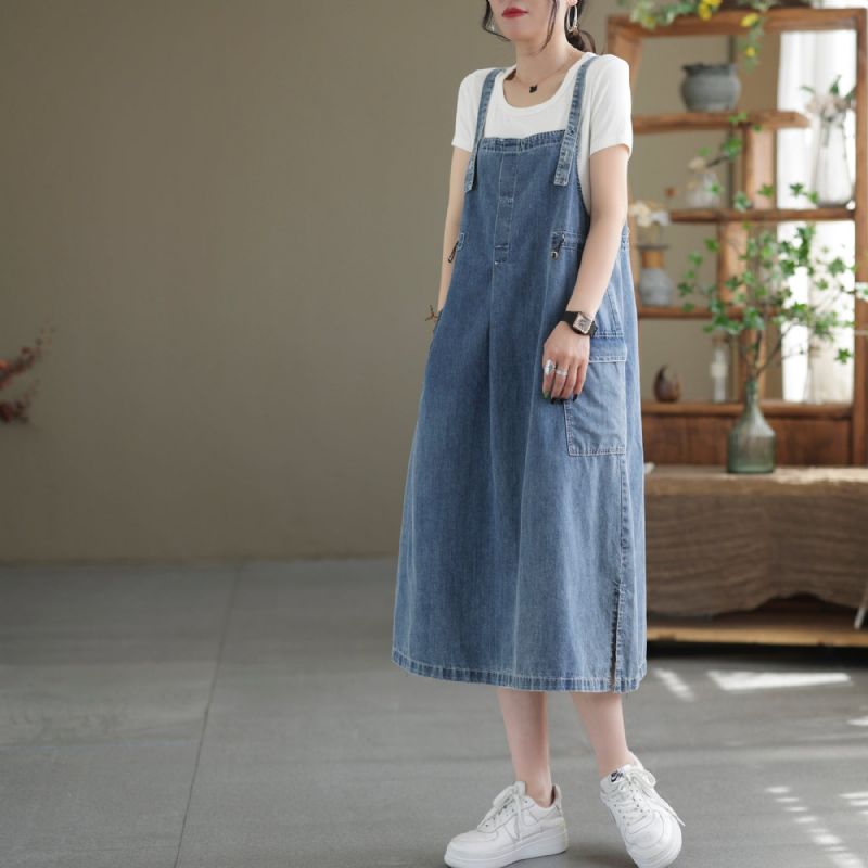 Zomer Casual Mouwloze Katoenen Denim Midi Jurk