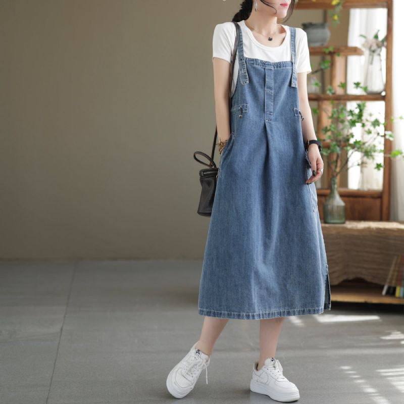 Zomer Casual Mouwloze Katoenen Denim Midi Jurk