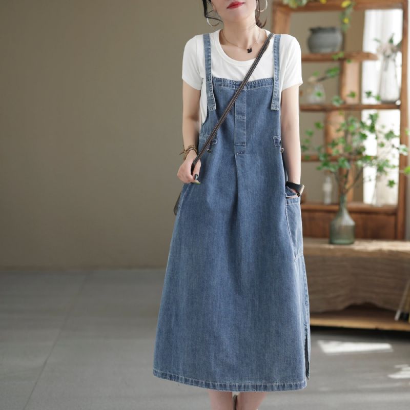 Zomer Casual Mouwloze Katoenen Denim Midi Jurk