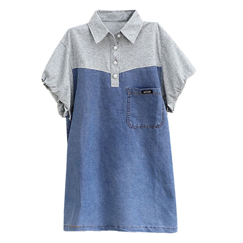 Zomer Losse Katoenen Denim Patchwork Mini-jurk