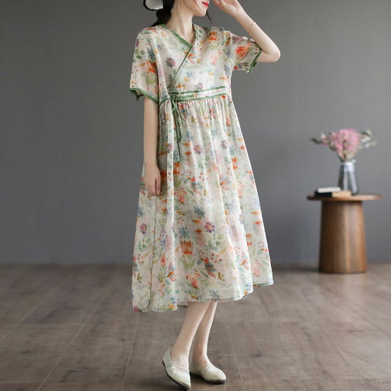 Zomer Losse Retro Bloemen Linnen Jurk