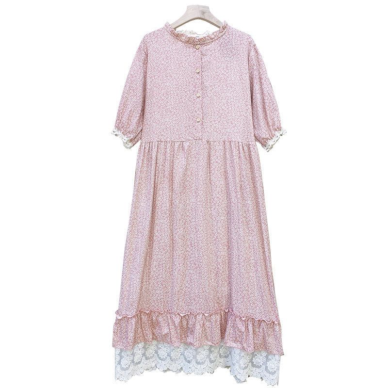 Zomer Retro Ruffle Kraag Kant Zoom Katoen Linnen Jurk