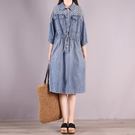 Zomer Vintage Casual Katoenen Denim Knielengte Jurk