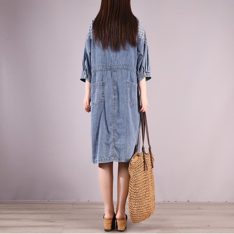 Zomer Vintage Casual Katoenen Denim Knielengte Jurk