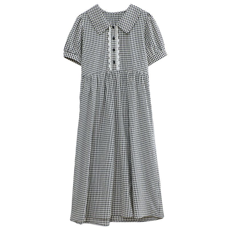 Zomer Vintage Polo Kraag Geruite Midi-jurk